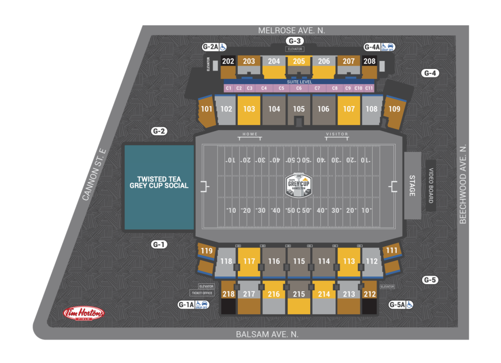 Seating chart for Grey Cup 2021 in Hamilton at Tim Hortons Field