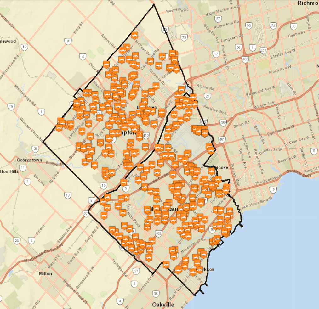 The Peel Regional Police crime map depicting all the locations of 404 car thefts between May 4 and June 2.