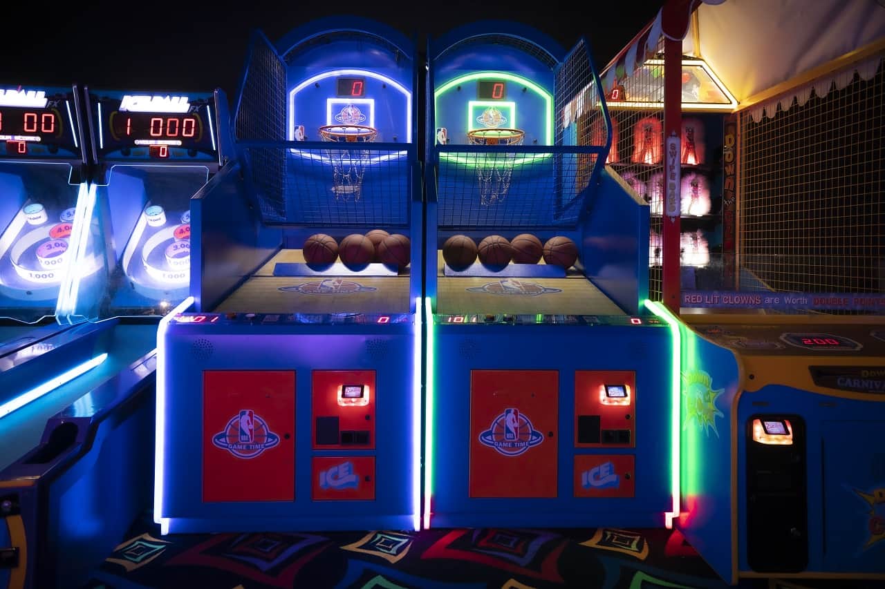 Glowzone 360's arcade challenges guests to test their skills at a wide variety of arcade games, including shooters, sports, and racing games. There are also crane games, hoops, air hockey and more.