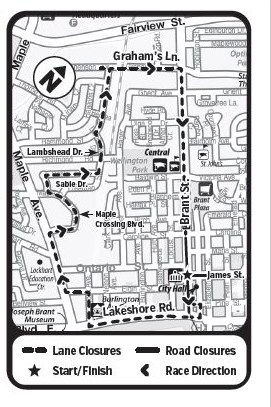 A graphic of the road closures in the City of Burlington due to the road race.