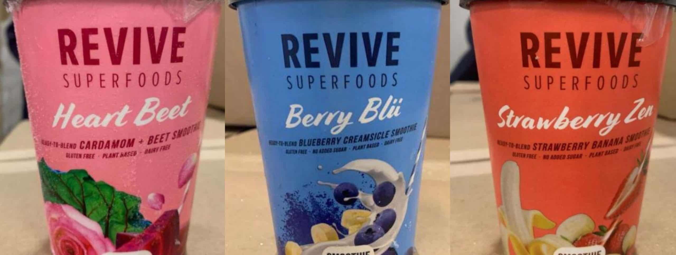 A collage of three different flavours of Revive Superfoods smoothies.