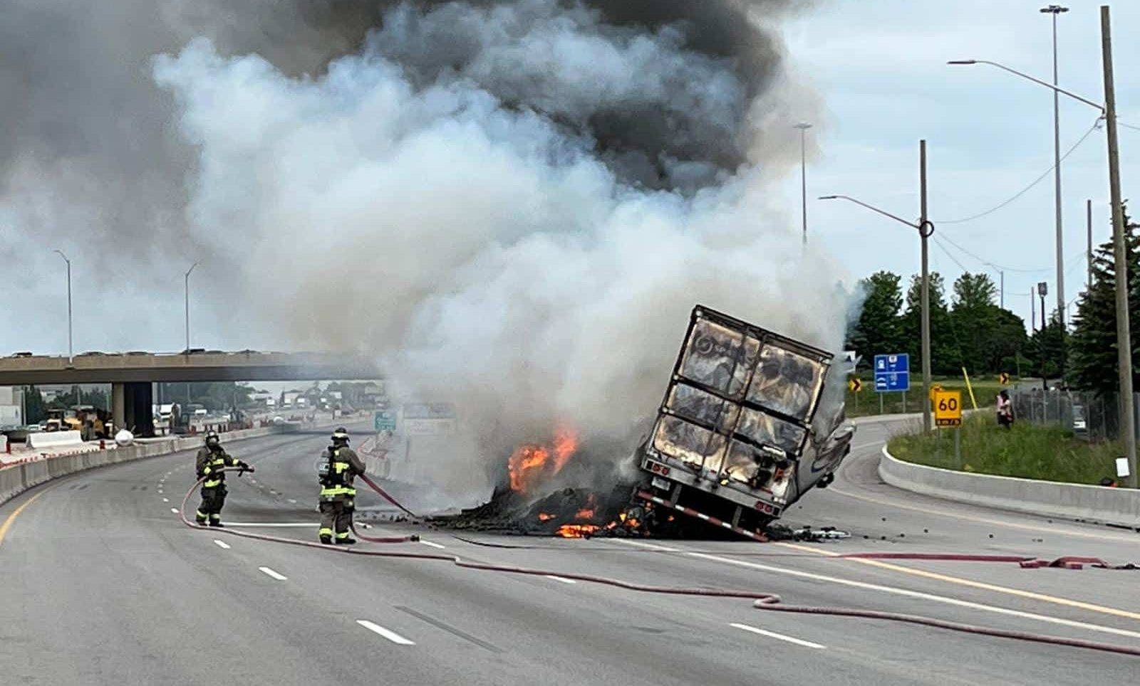 Transport truck on fire Mississauga