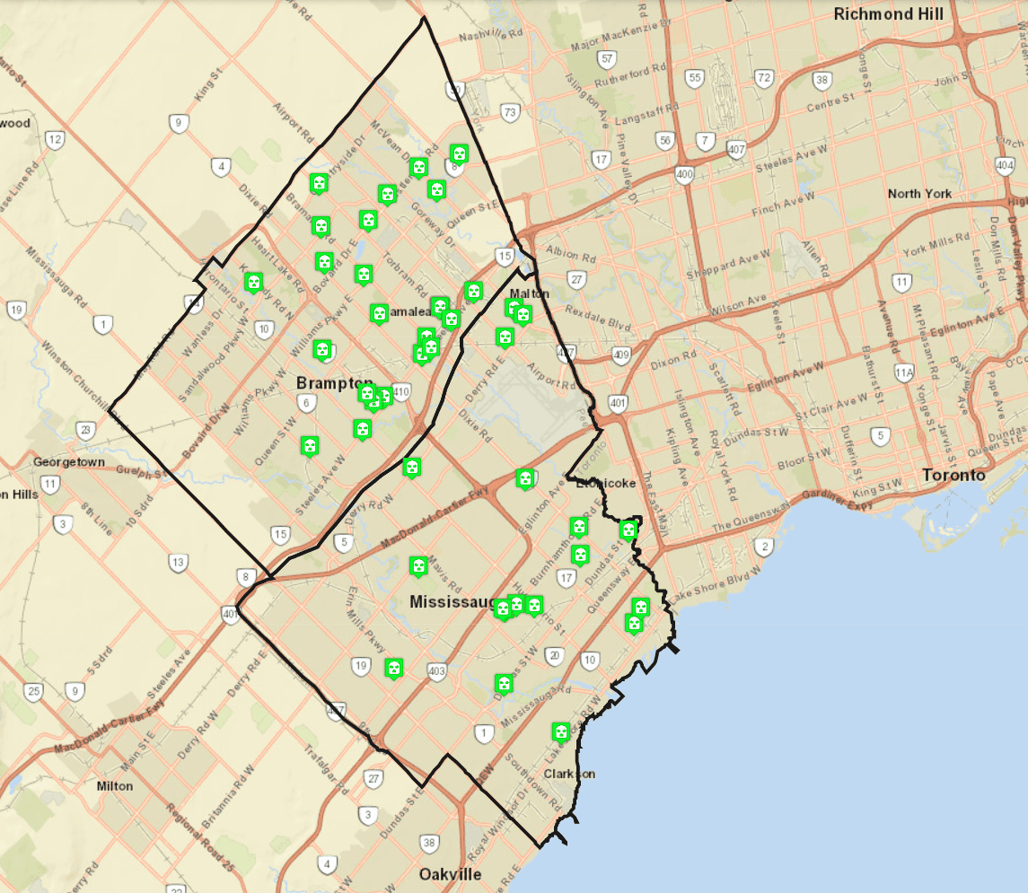Peel Regional Police Crime Map showing 43 robberies in the last 30 days. 