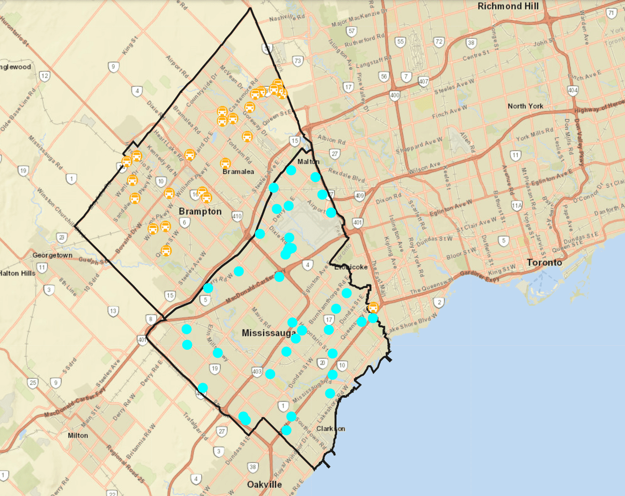 Peel Regional Police crime map showing the locations of 66 car thefts in the last 7 days. 