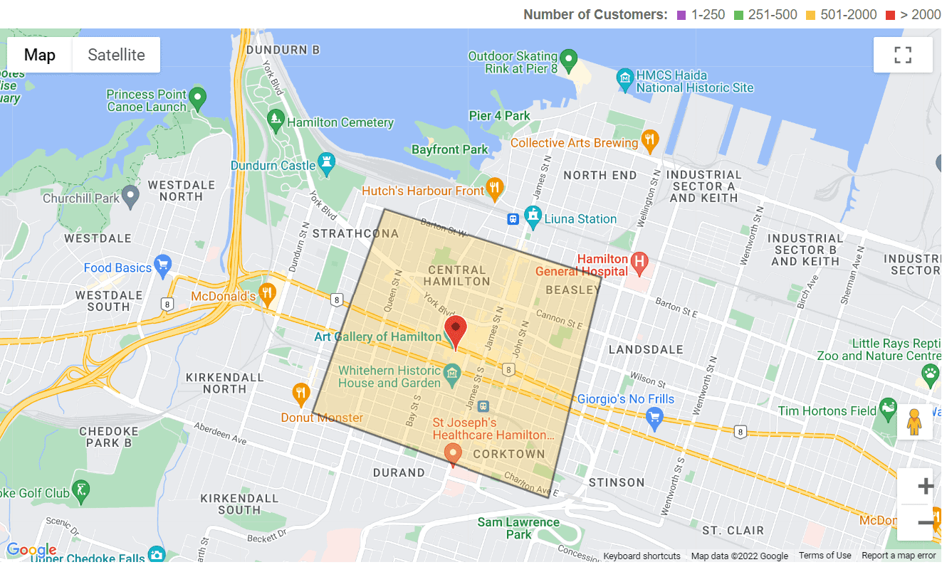 A map depicting the power outage in central Hamilton.