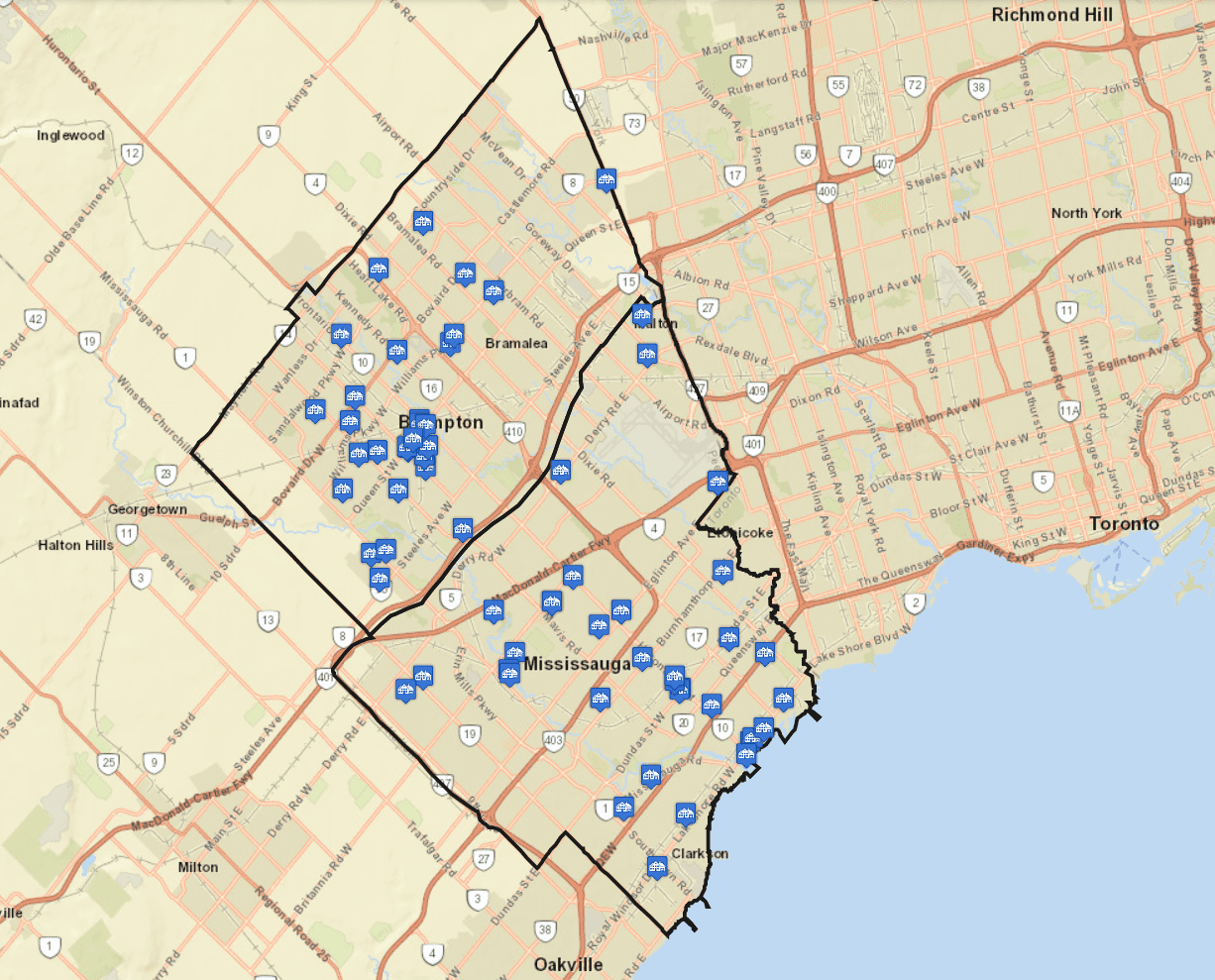 Peel regional police crime data map showing the location of 65 break and enters in 30 days. 