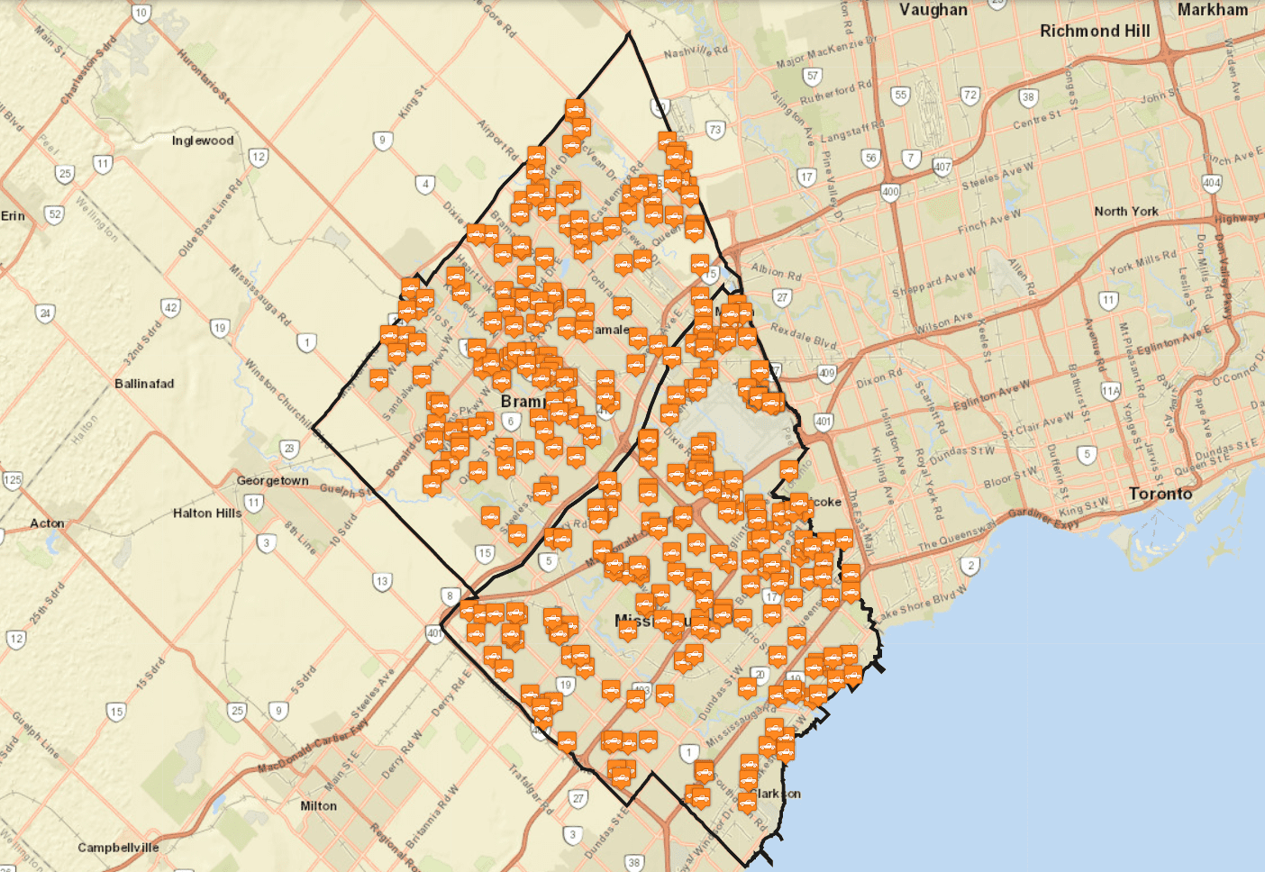 Peel Regional Police crime map showing the location of 355 auto thefts in the past 30 days.