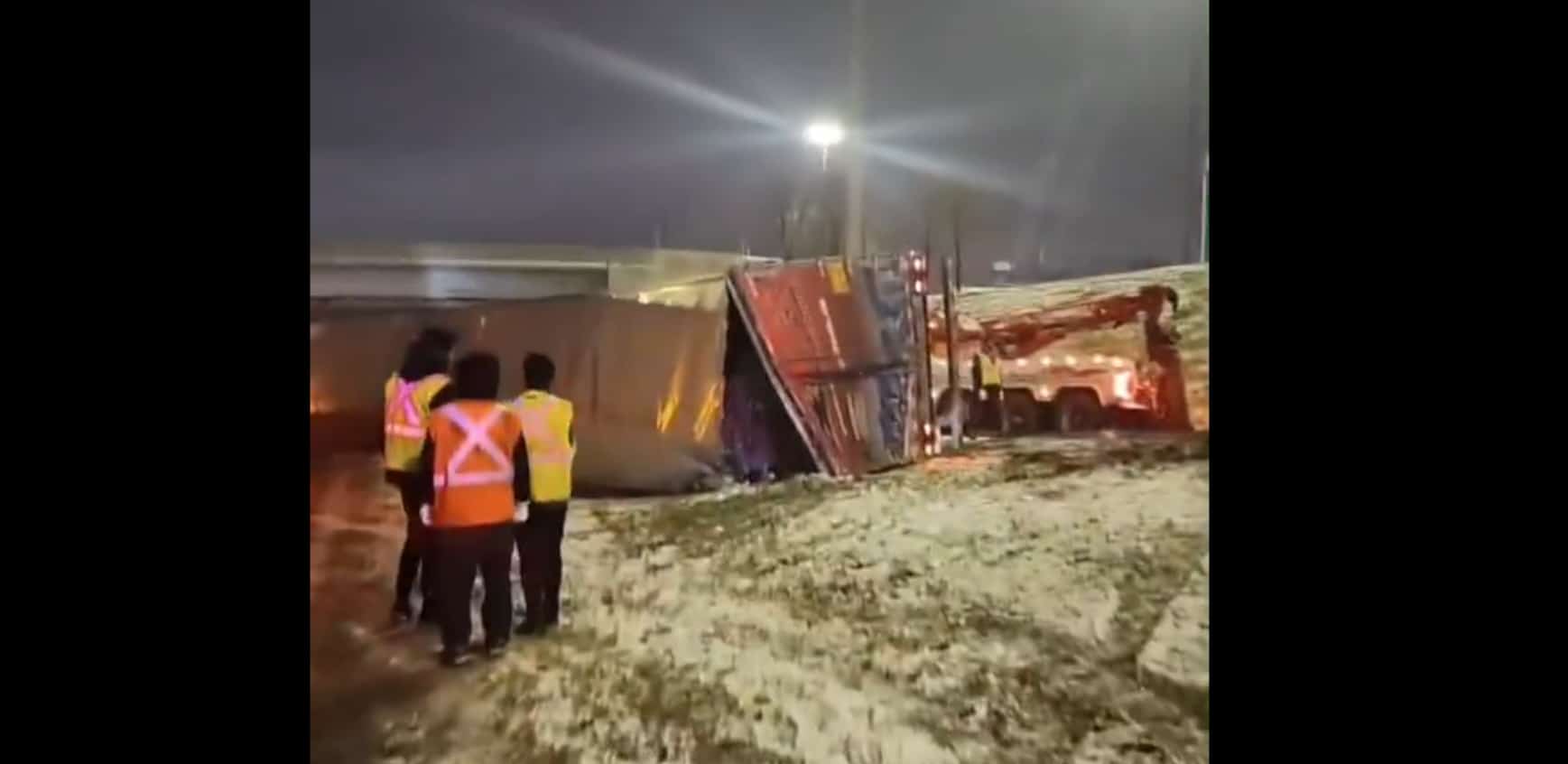 transport truck flips Mississauga
