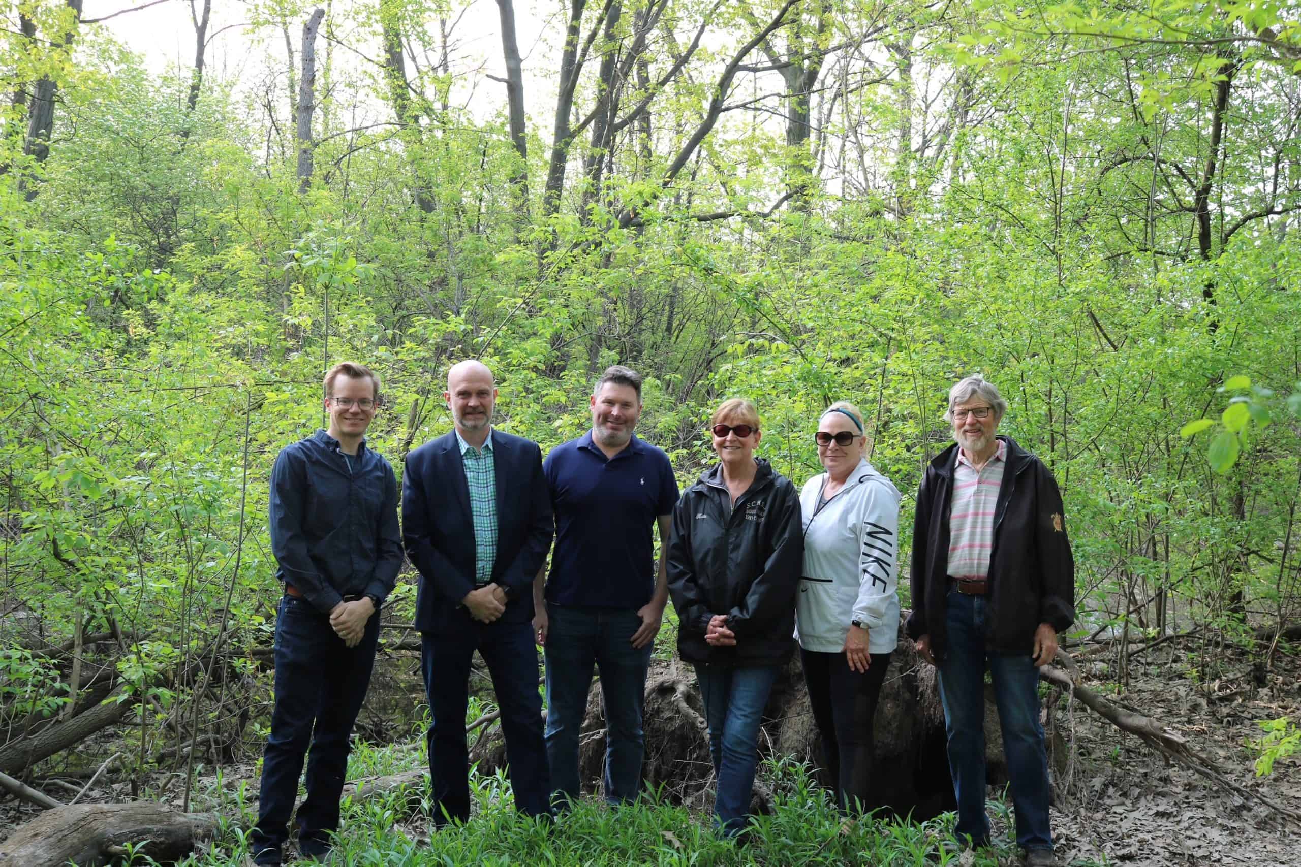The city has acquired the protected Turtle Ponds lands in Stoney Creek. Pictured, from left to right, are: Graham McNally, representing the Patrick J McNally Foundation, Ward 10 Coun. Jeff Beattie, Todd White, Hamilton-Wentworth District School Board trustee for Wards 5 and 10, Nancy West and Loretta Crane from the Lakewood Beach Community Council, and John McNally, representing the Patrick J McNally Foundation.