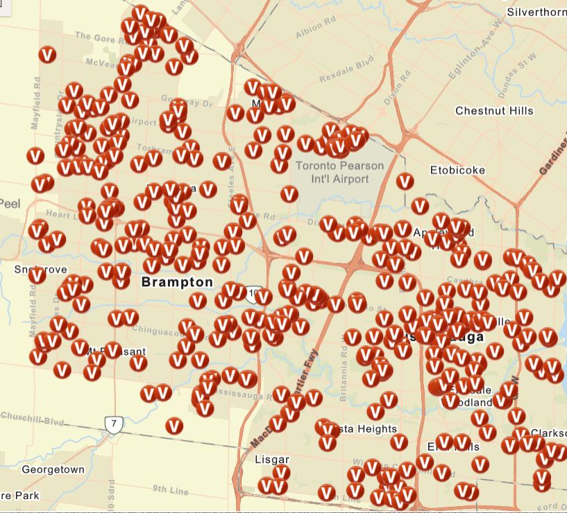 Crime map of areas where vehicles were stolen in Mississauga and Brampton this month. 