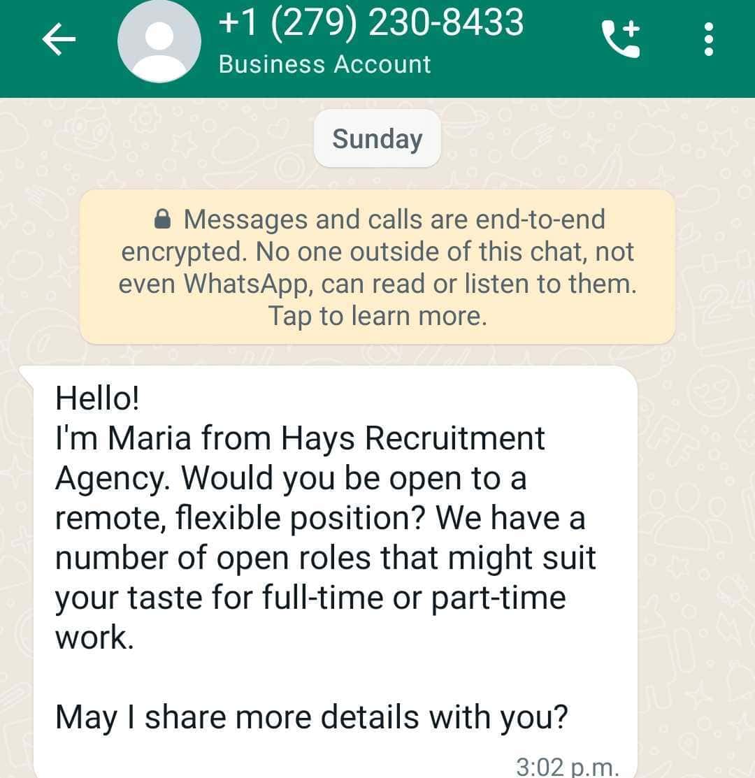 Latest WhatsApp recruitment scam hits Ontario. 