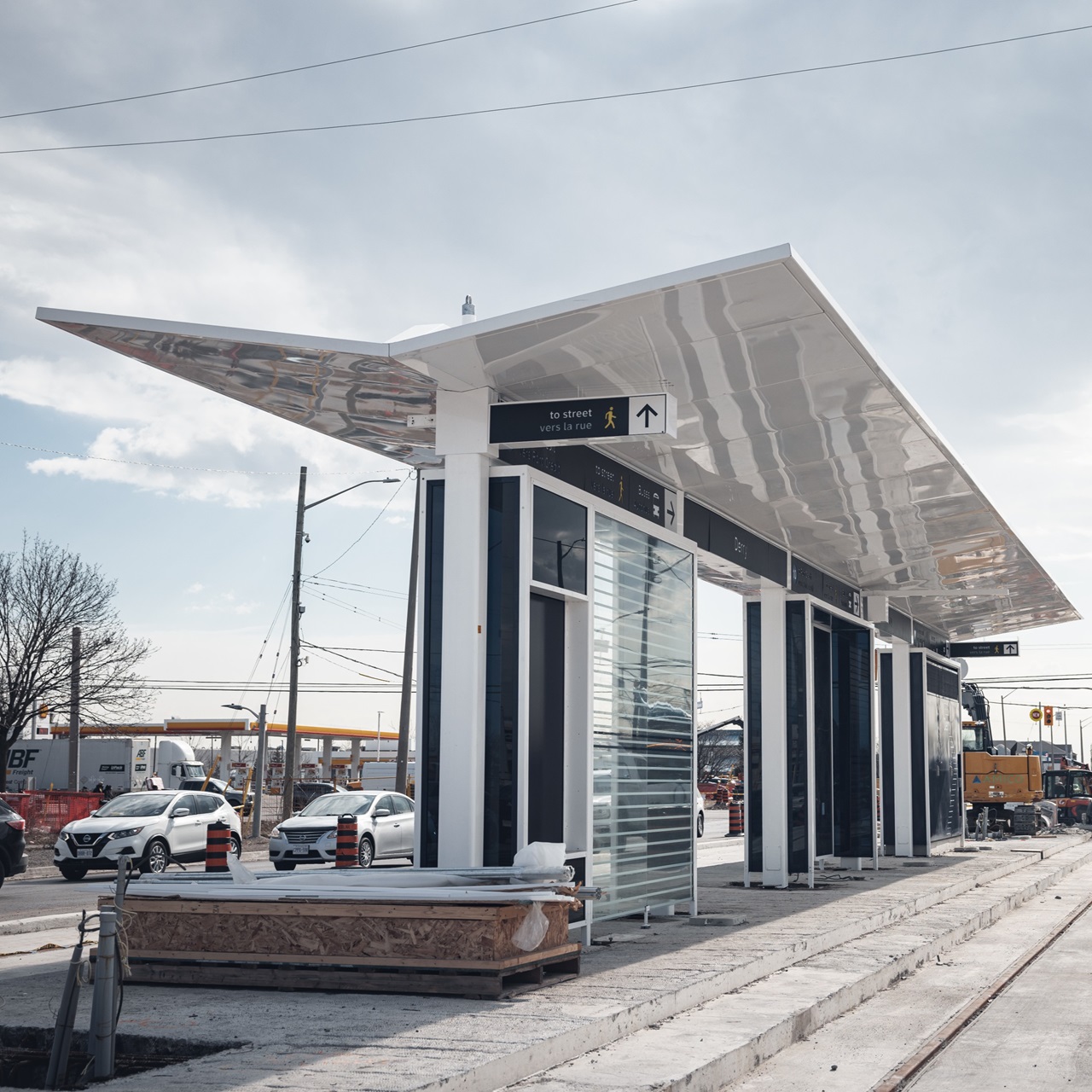 First canopy at Hazel McCallion Line LRT Derry Road stop in Mississauga.