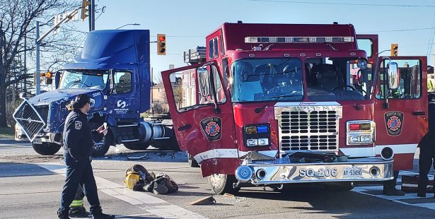 fire truck transport crash brampton