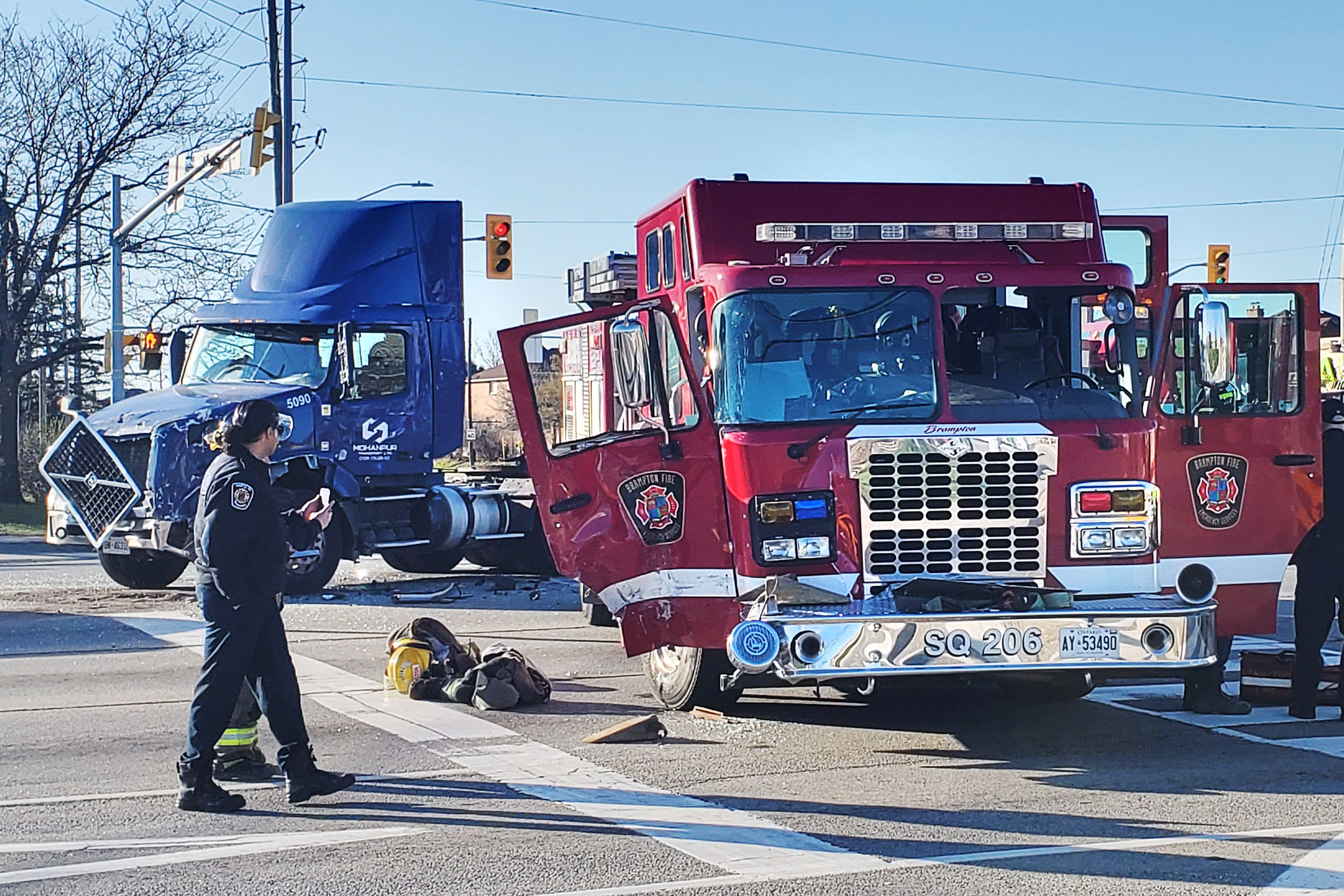 fire truck transport crash brampton