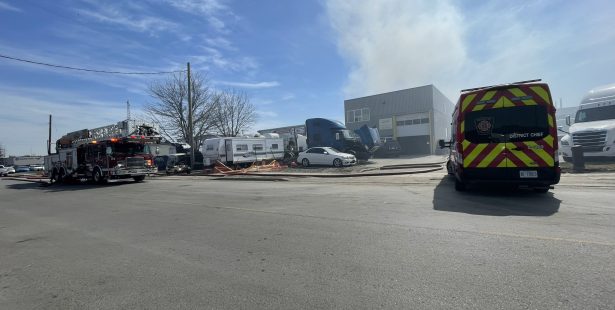 Transport truck goes up in flames closing roads in Brampton