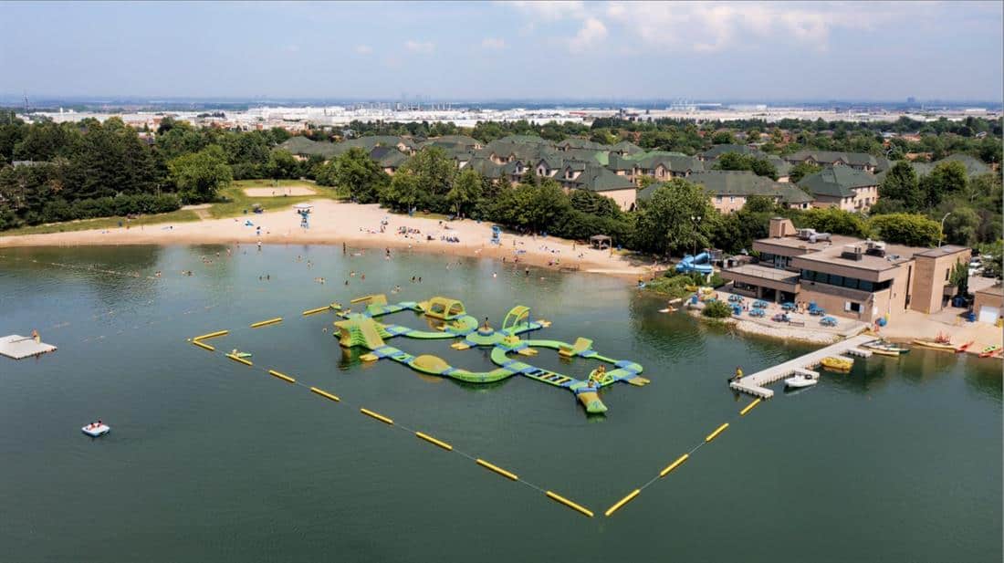 Inflatable waterpark and boathouse open soon at Brampton lake, weather permitting