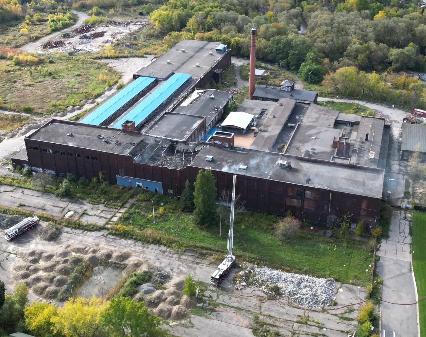 Goodyear plant fire in Bowmanville. Image by Drowzik Drones