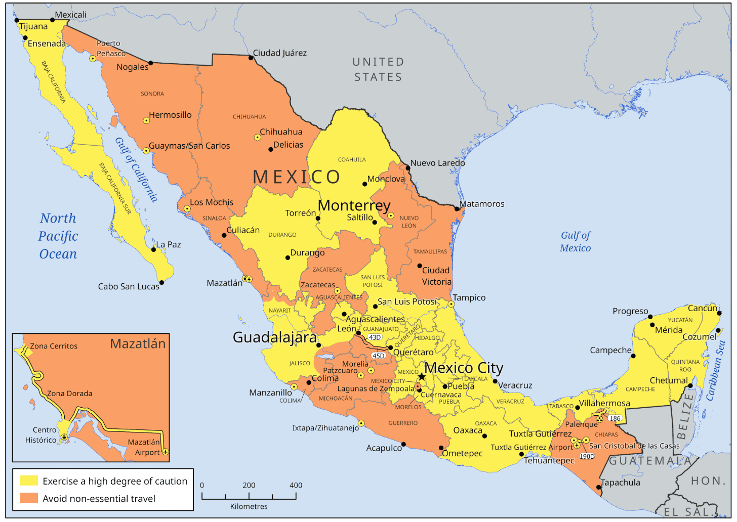 canada travel advisory mexico map