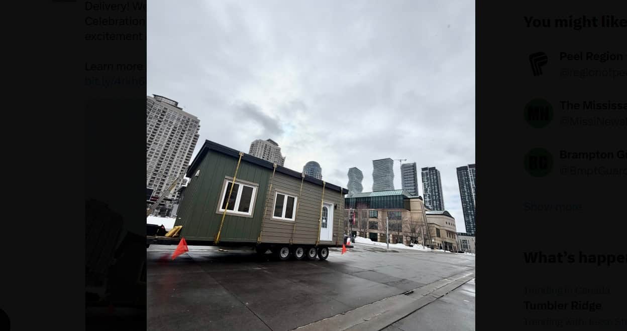 tiny home on display at celebration square in mississauga.