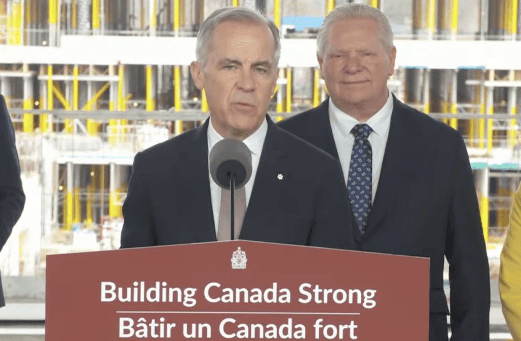 Prime Minister Mark Carney and Ontario Premier Doug Ford announcing an $8.8 billion infrastructure partnership